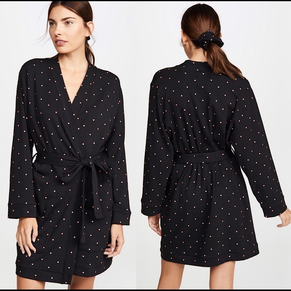 NWT Plush Apparel Black/Pink Heart Robe & Scrunchie Set Size Small